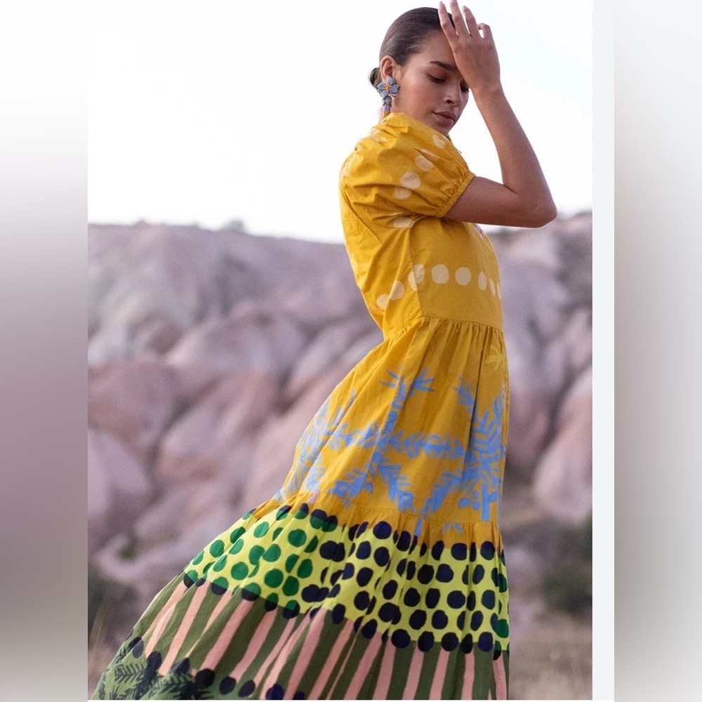 Oliphant Midi Tiered multi printed yellow gold one shoulder dress size medium